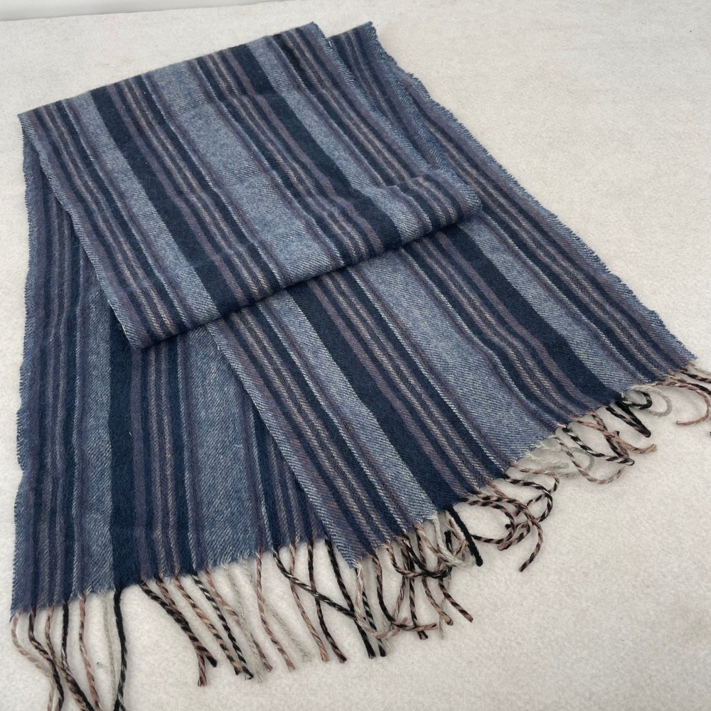 Suantrai of Ireland 100% Pure Wool Striped Fringe Scarf Blue Navy Irish Made